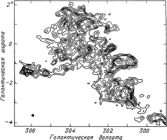 Радиокарта темного облака Южный Угольный Мешок в линии излучения молекулы СО.